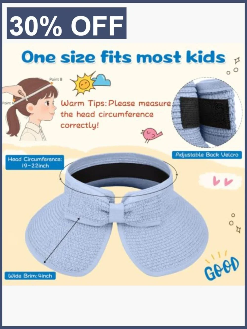 Girls Straw Sun Visor Hat Wide Brim Ponytail Beach Bow Foldable Packable Summer